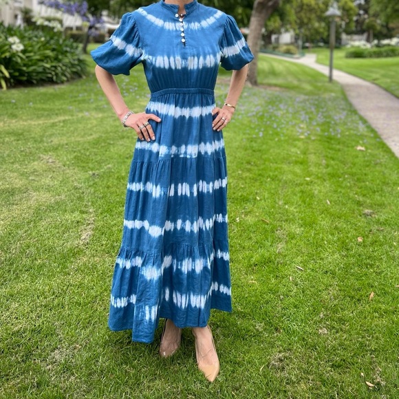 Sole by Mare Sole Amore Linen Blend A-Line Tie Dye Midi Dress White/Blue Sz S - Picture 5 of 12